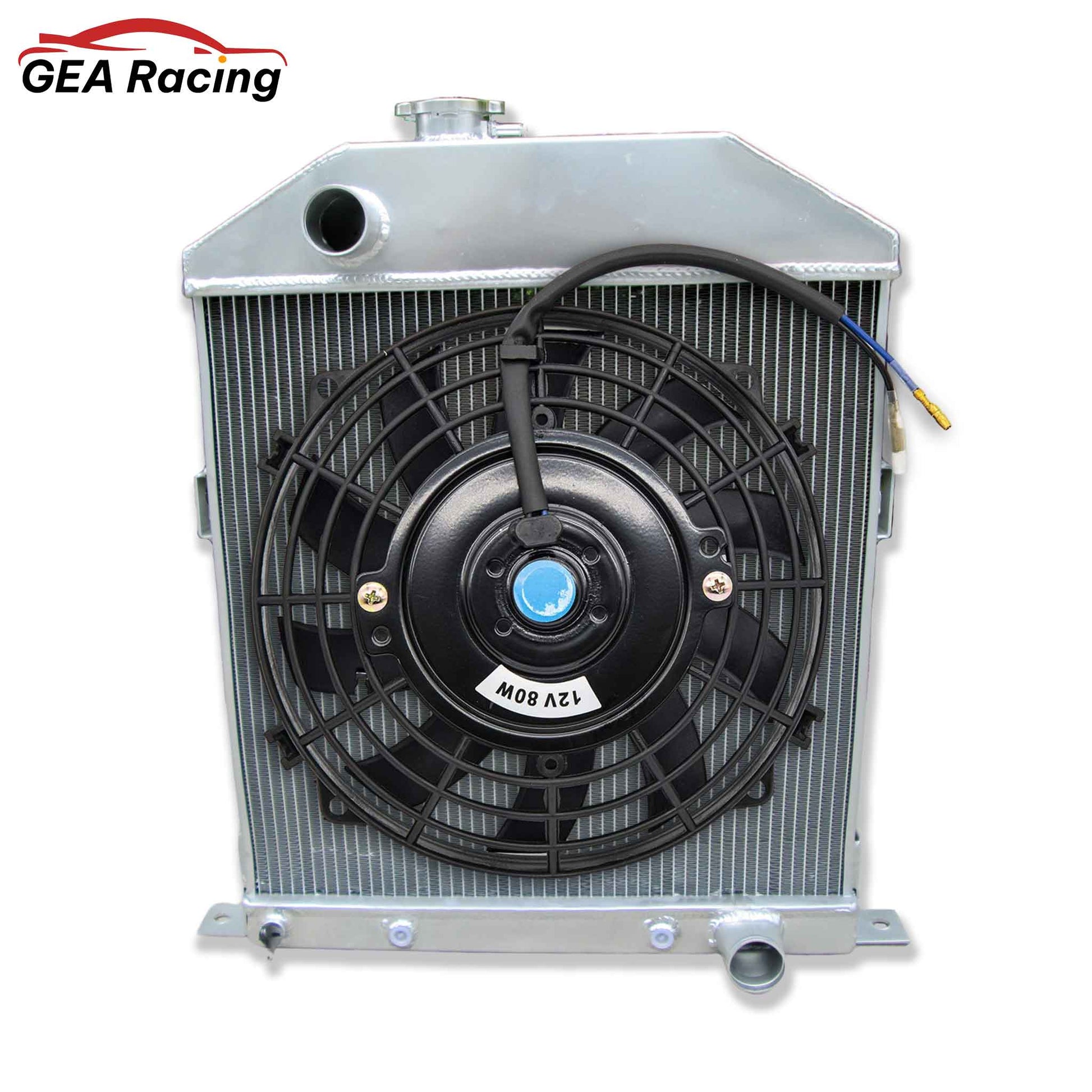 The optional 3-row radiator and fan shroud kit for the Ford Flathead V8, featuring a high-CFM electric fan for modern cooling.