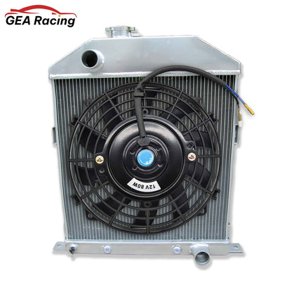 The optional 3-row radiator and fan shroud kit for the Ford Flathead V8, featuring a high-CFM electric fan for modern cooling.