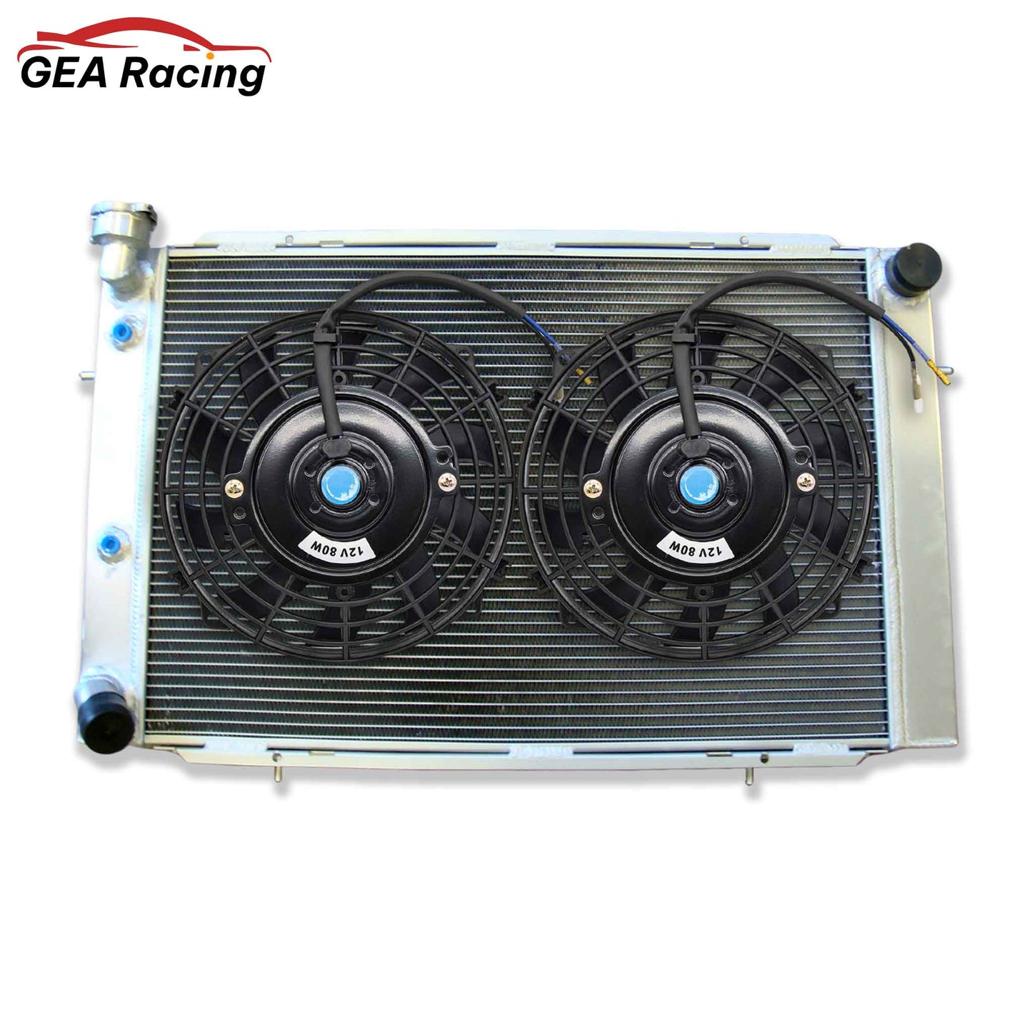 The optional 3-row radiator and fan shroud kit for the Holden WB V8 series, with dual electric fans for maximum cooling.