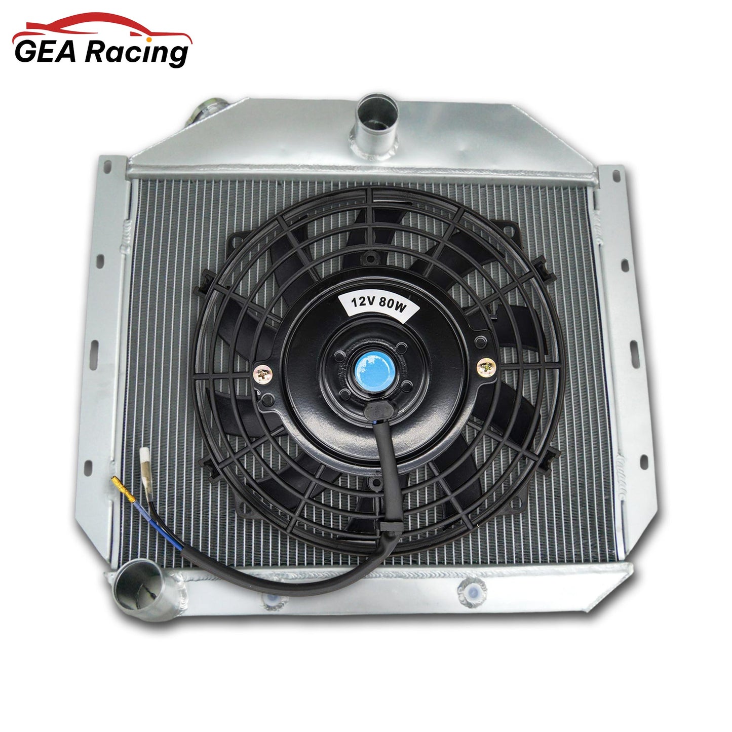 The optional 3-row radiator and fan shroud kit for International Harvester trucks, featuring a high-CFM electric fan for modern cooling.