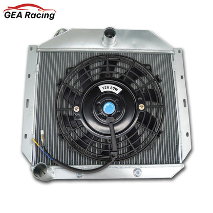 The optional 3-row radiator and fan shroud kit for International Harvester trucks, featuring a high-CFM electric fan for modern cooling.