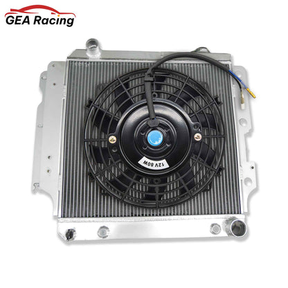 The optional 3-row radiator and fan shroud kit for a V8-swapped Jeep Wrangler, featuring a high-CFM electric fan for maximum cooling.