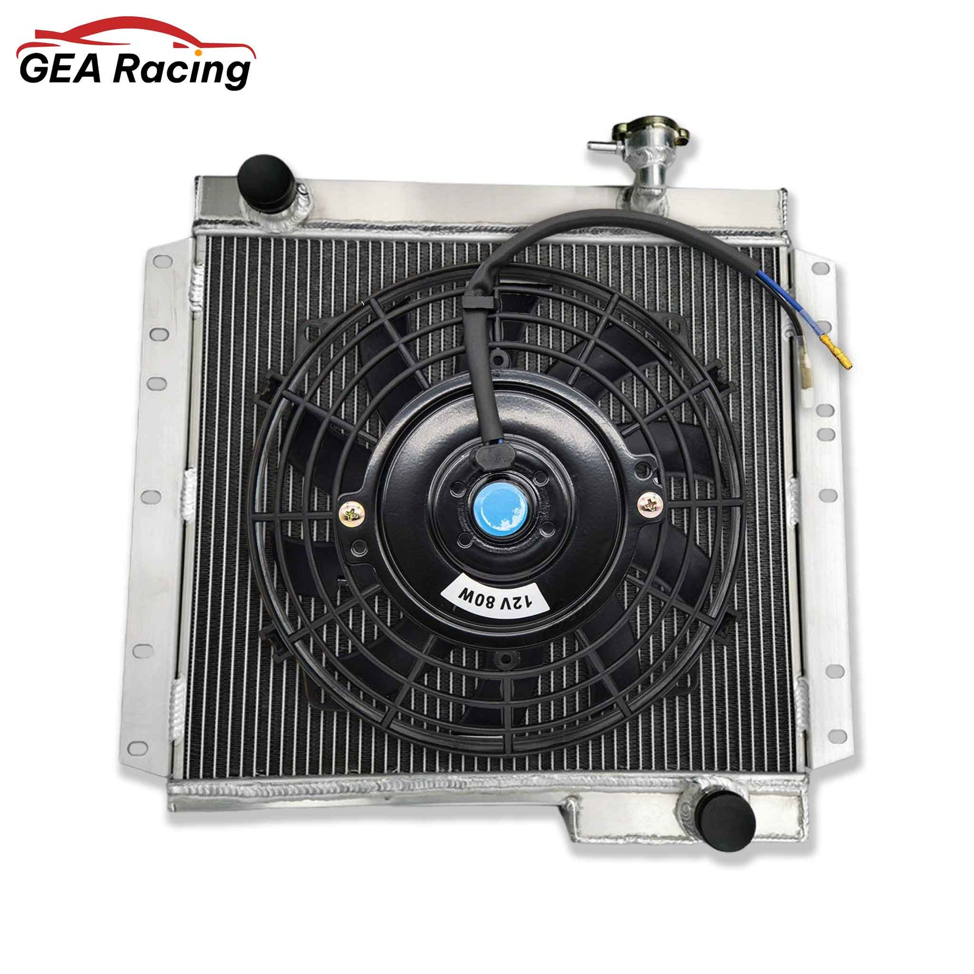 The optional 3-row radiator and fan shroud kit for the Land Cruiser FJ40, featuring a high-CFM electric fan for maximum cooling.