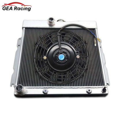 The optional 3-row radiator and fan shroud kit for Mopar B-Body cars, featuring dual high-CFM electric fans for maximum cooling performance.