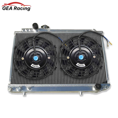 The complete 3-row radiator and fan shroud kit for the Supra MK3 7M-GTE, featuring dual electric fans for maximum, consistent cooling under boost.