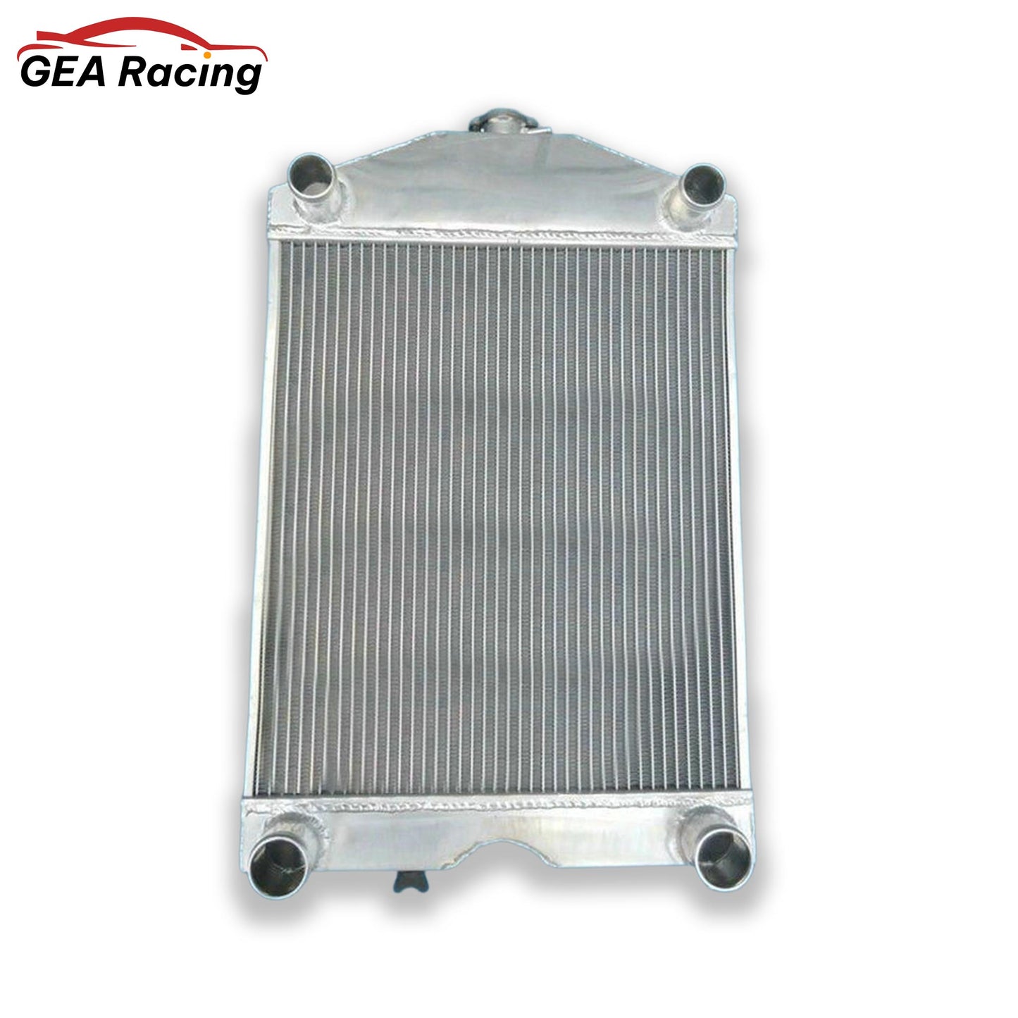 Front view of the 3-row aluminum radiator for a Ford 8N/9N tractor converted to a 5.0L V8 engine.