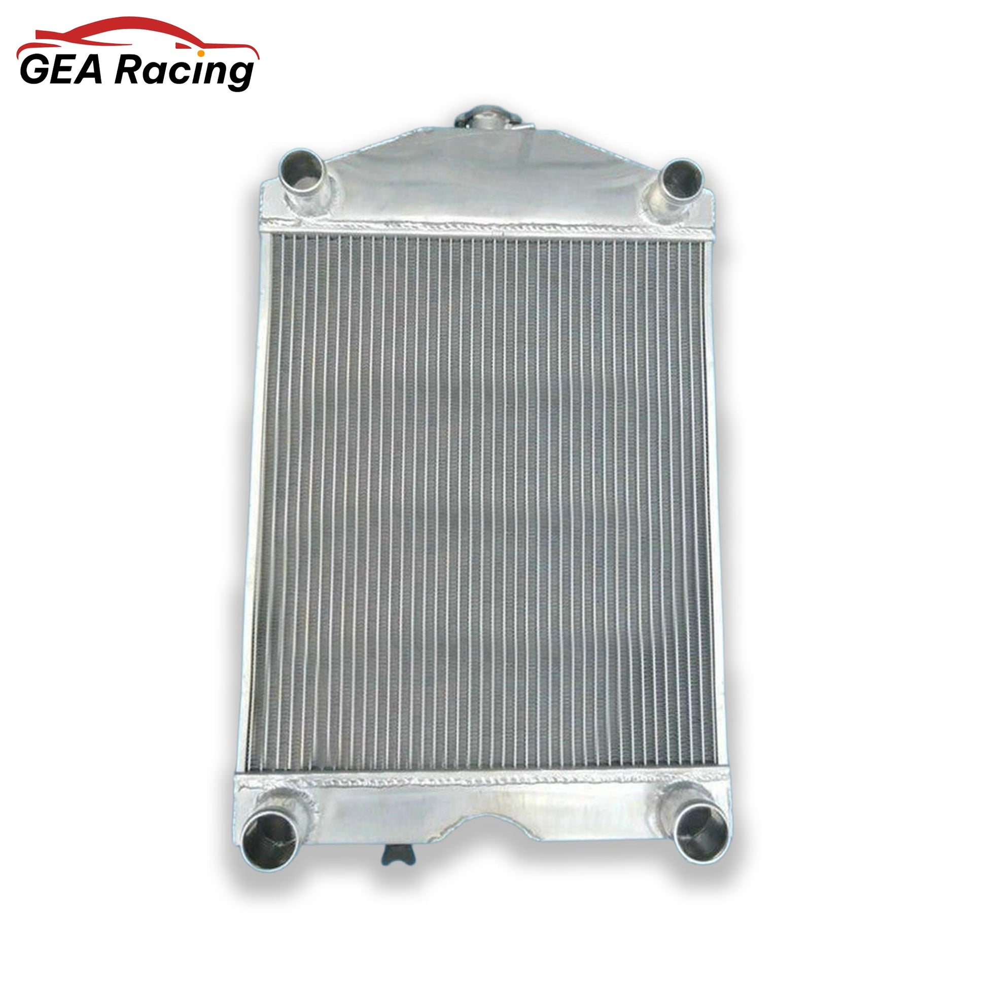 Front view of the 3-row aluminum radiator for a Ford 8N/9N tractor converted to a 5.0L V8 engine.