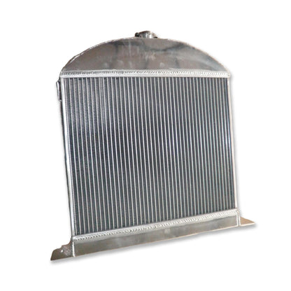 Back view of the 3-row radiator for a 28-31 chopped Model A, showing mounts and Chevy engine hose configuration.