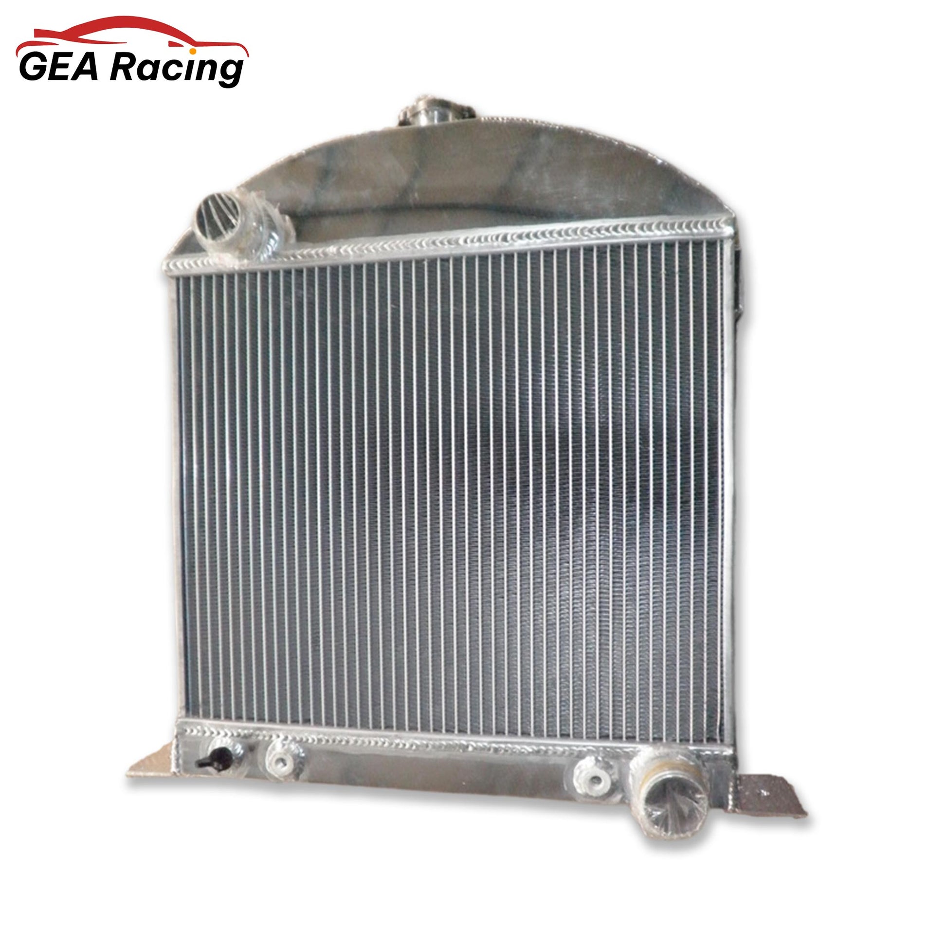 Front view of the 3-row aluminum radiator for a 1928-1931 chopped Ford Model A with a Chevy engine swap.