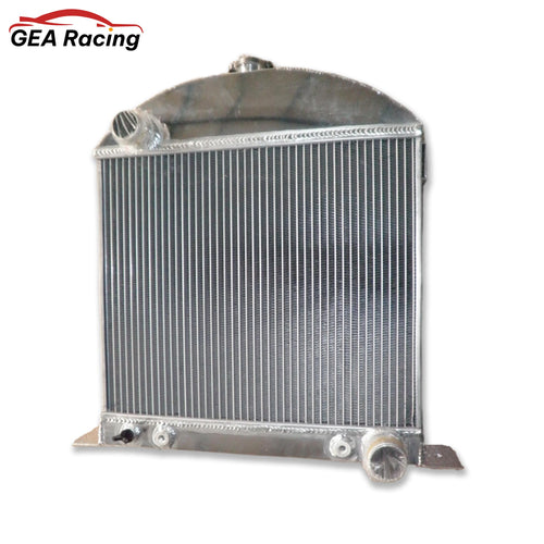 Front view of the 3-row aluminum radiator for a 1928-1931 chopped Ford Model A with a Chevy engine swap.