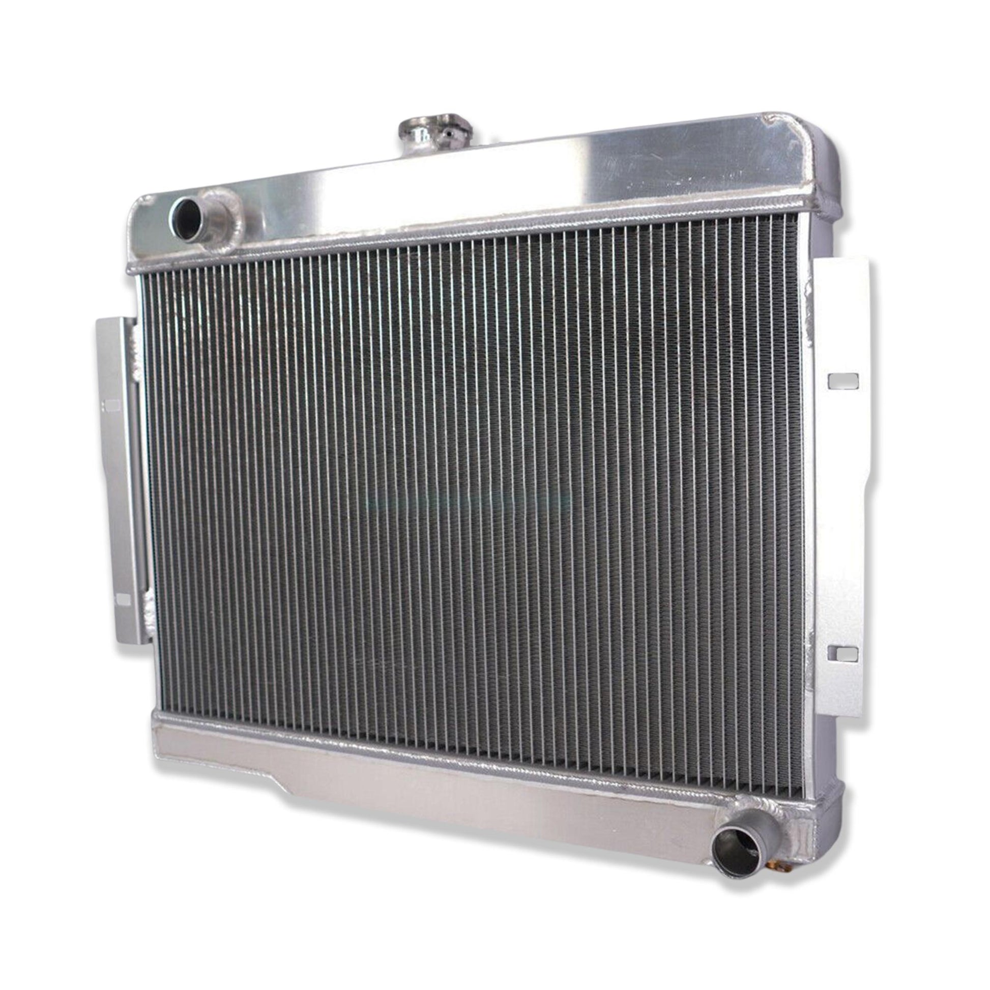 Right side profile of the radiator for a Jeep CJ7 with a Chevy V8 swap, showing durable TIG-welded tanks.