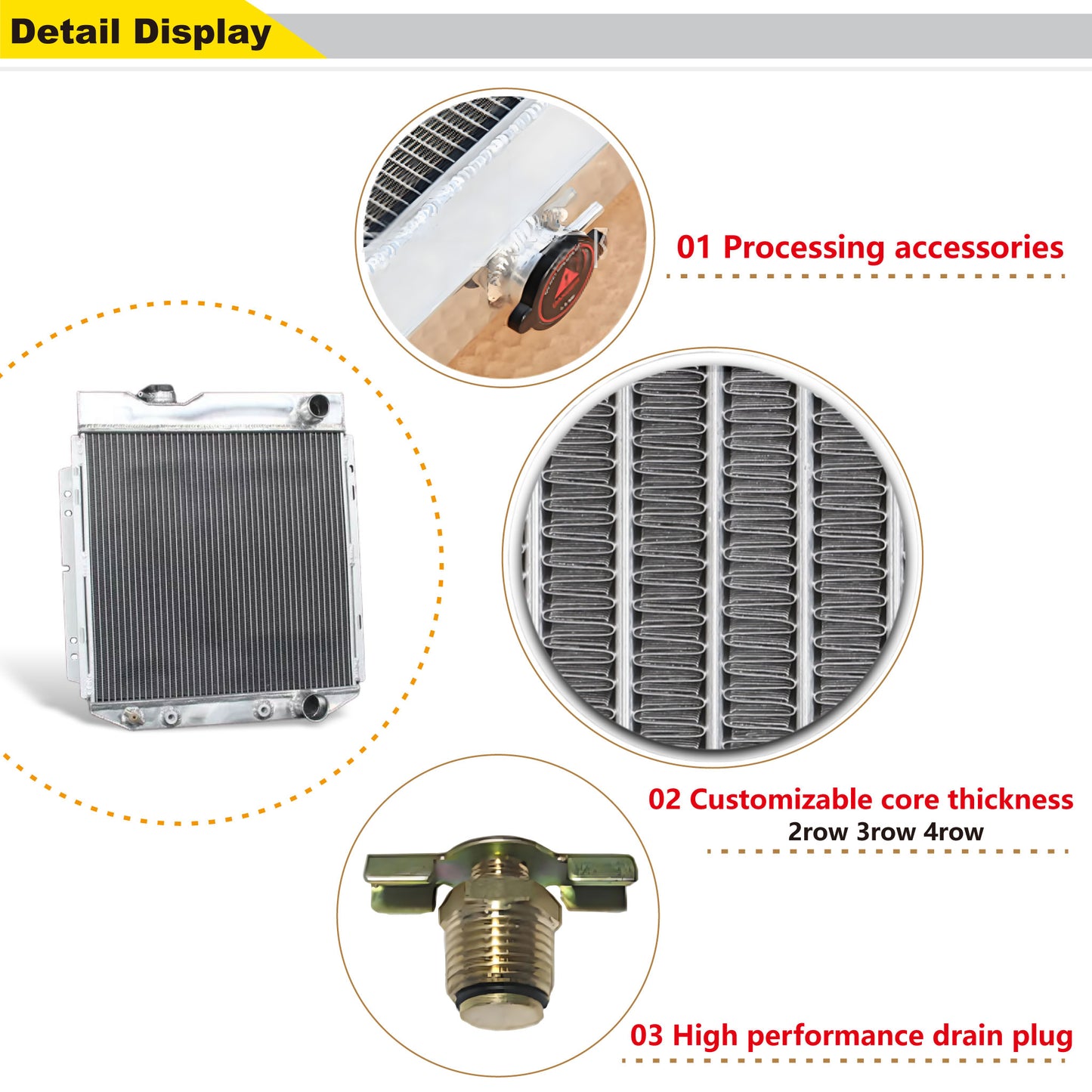 Aluminum Radiator detail view Mustang, Comet, Falcon (1963-1966) V8 4.7L 3 Row Pressure Tested