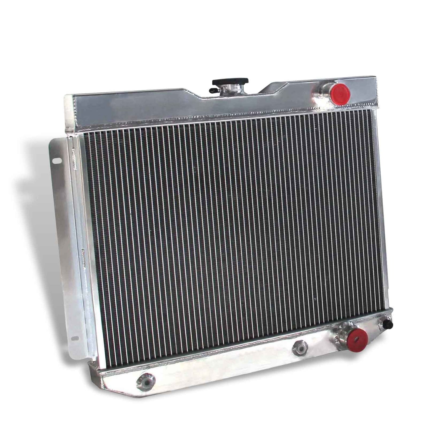 Left side profile of the 56mm 4-row aluminum radiator for the 1962-1965 Chevy Bel Air, displaying the driver-side hose connections.