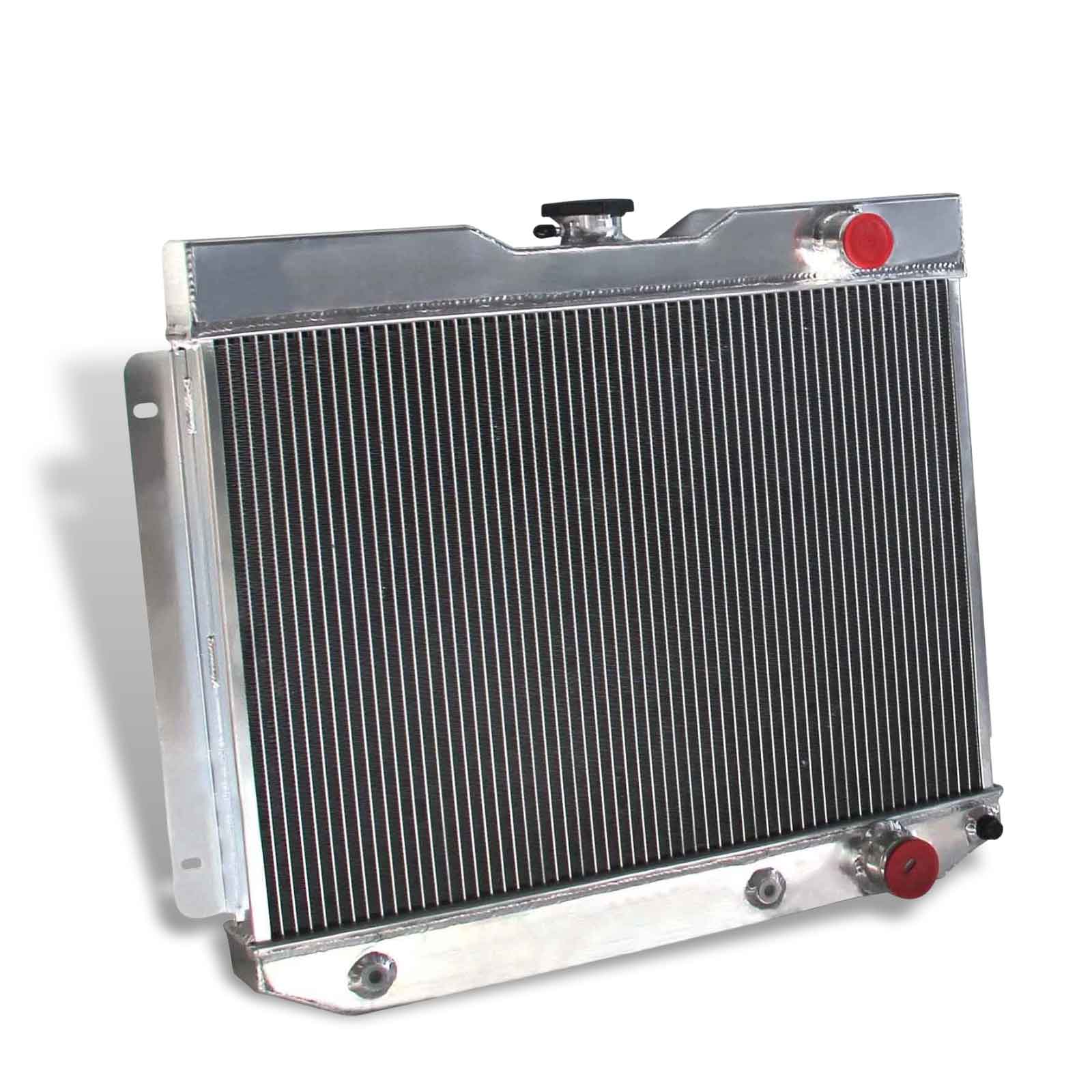 Left side profile of the 56mm 4-row aluminum radiator for the 1962-1965 Chevy Bel Air, displaying the driver-side hose connections.