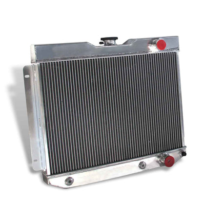 Left side profile of the 56mm 4-row aluminum radiator for the 1962-1965 Chevy Bel Air, displaying the driver-side hose connections.