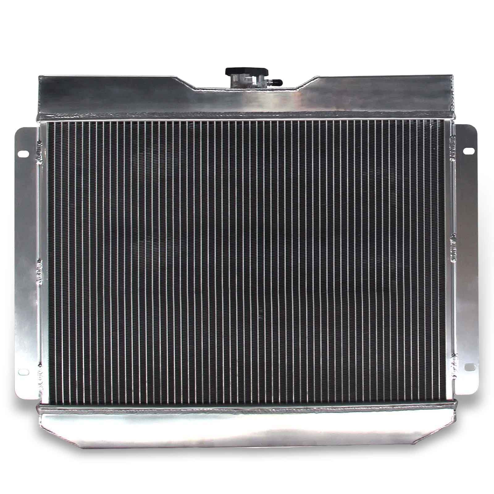 Rear view of the 4-Row aluminum radiator for the 62-65 Chevy Bel Air & Nova, showing the robust construction and AT/MT cooler ports.