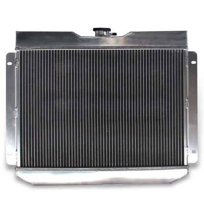 Rear view of the 4-Row aluminum radiator for the 62-65 Chevy Bel Air & Nova, showing the robust construction and AT/MT cooler ports.