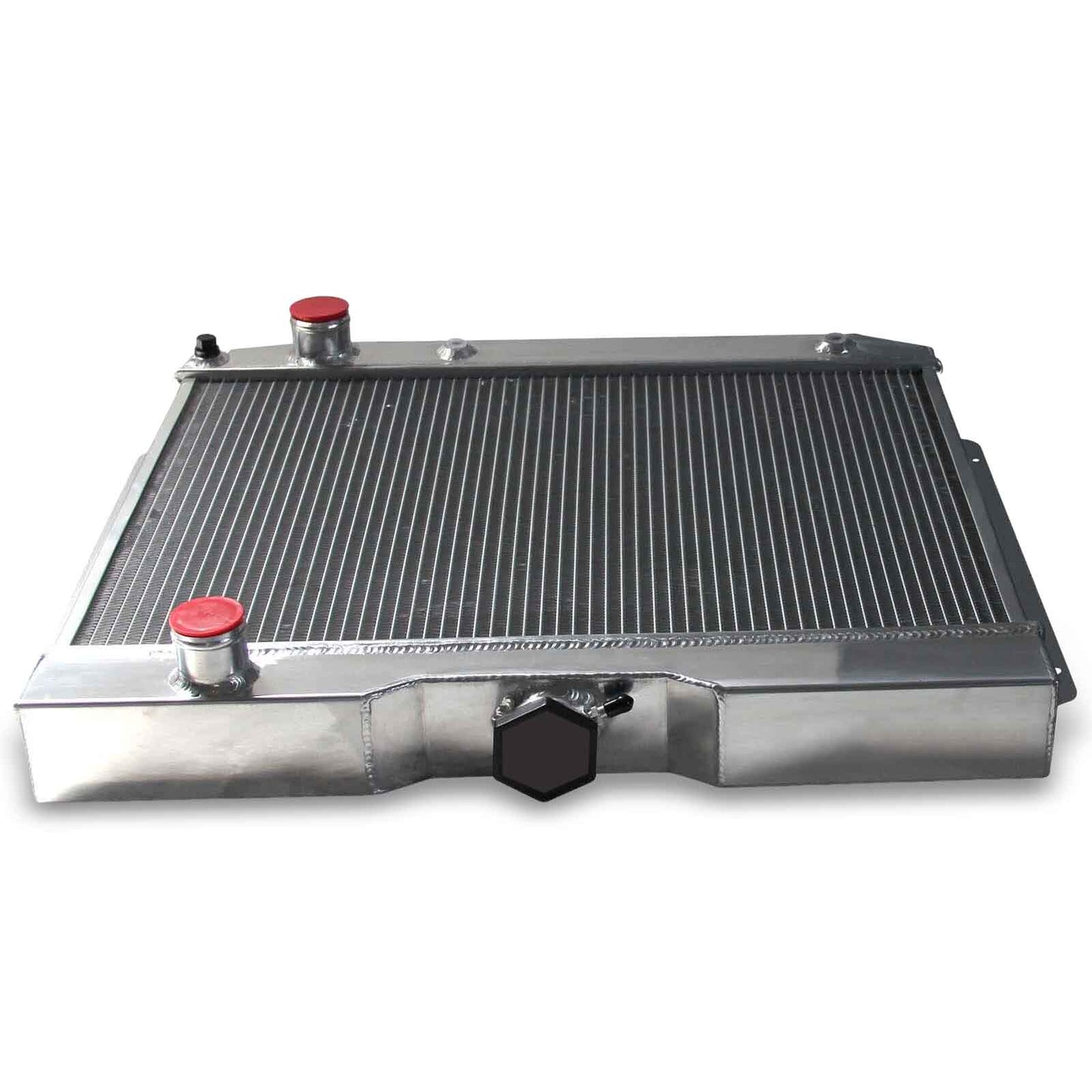 Top-down view of the 4-Row aluminum radiator for the 1962-1965 Chevrolet Bel Air and Nova, showcasing the massive core and filler neck.