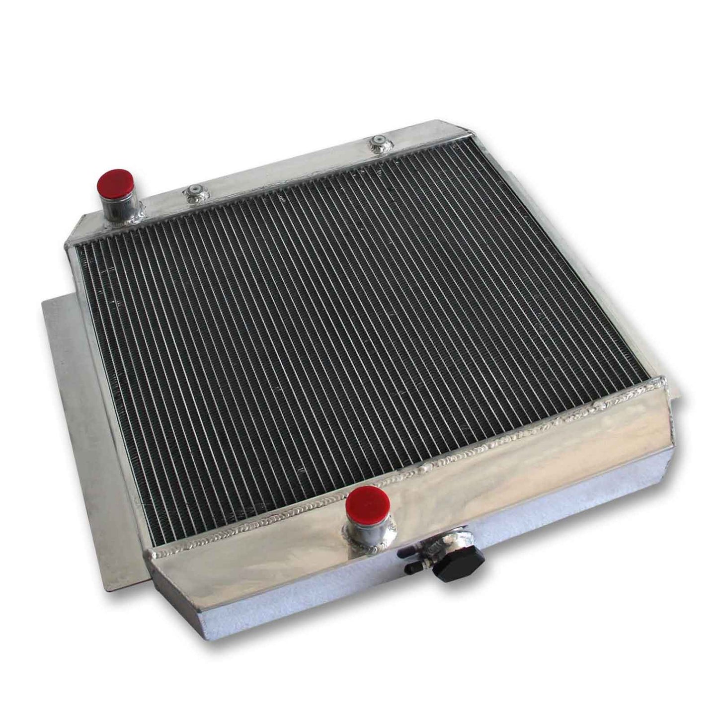 Top-down view of the 4-Row aluminum radiator for 1949-1954 Chevy Truck, Bel Air, and Corvette, showcasing the large filler neck and core design.
