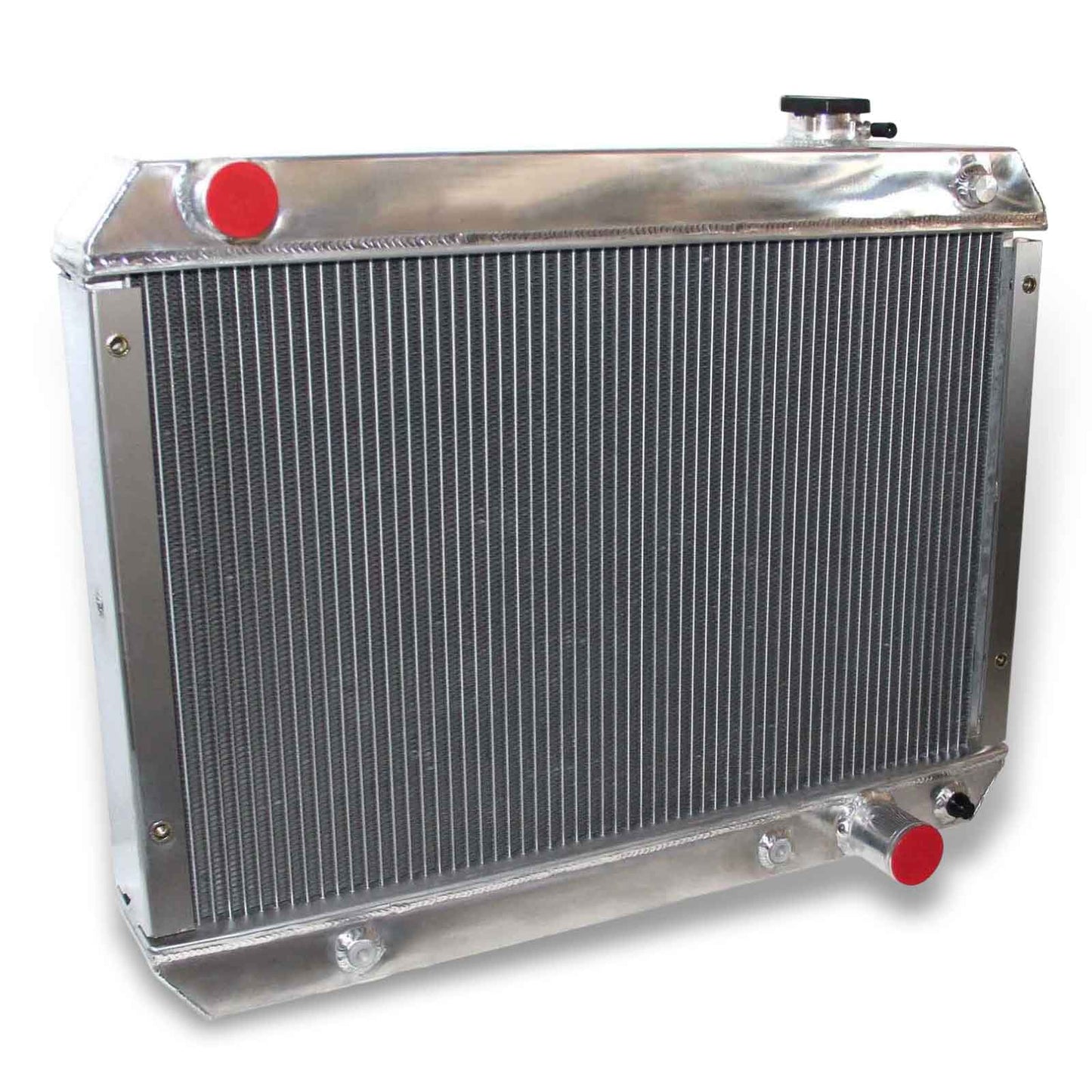 Left side profile of the 4-row aluminum radiator for the 1962-1967 Chevy Nova SS, displaying the correct V8 engine hose connections.