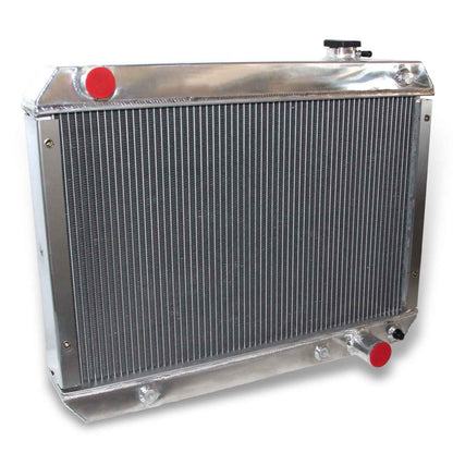 Left side profile of the 4-row aluminum radiator for the 1962-1967 Chevy Nova SS, displaying the correct V8 engine hose connections.