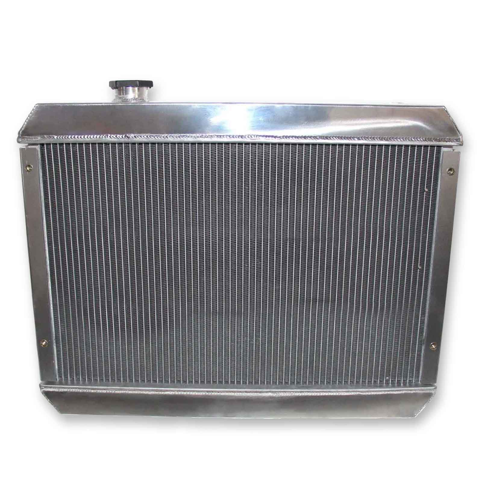 Rear view of the 4-Row aluminum radiator for the 62-67 Chevy Nova SS V8, showing heavy-duty construction and integrated AT/MT cooler ports.