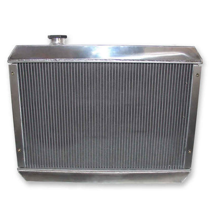 Rear view of the 4-Row aluminum radiator for the 62-67 Chevy Nova SS V8, showing heavy-duty construction and integrated AT/MT cooler ports.