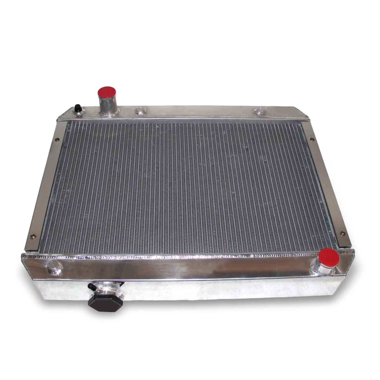 Top-down view of the 4-Row aluminum radiator for the 1962-1967 Chevrolet Nova SS, showcasing the massive core and high-pressure cap.