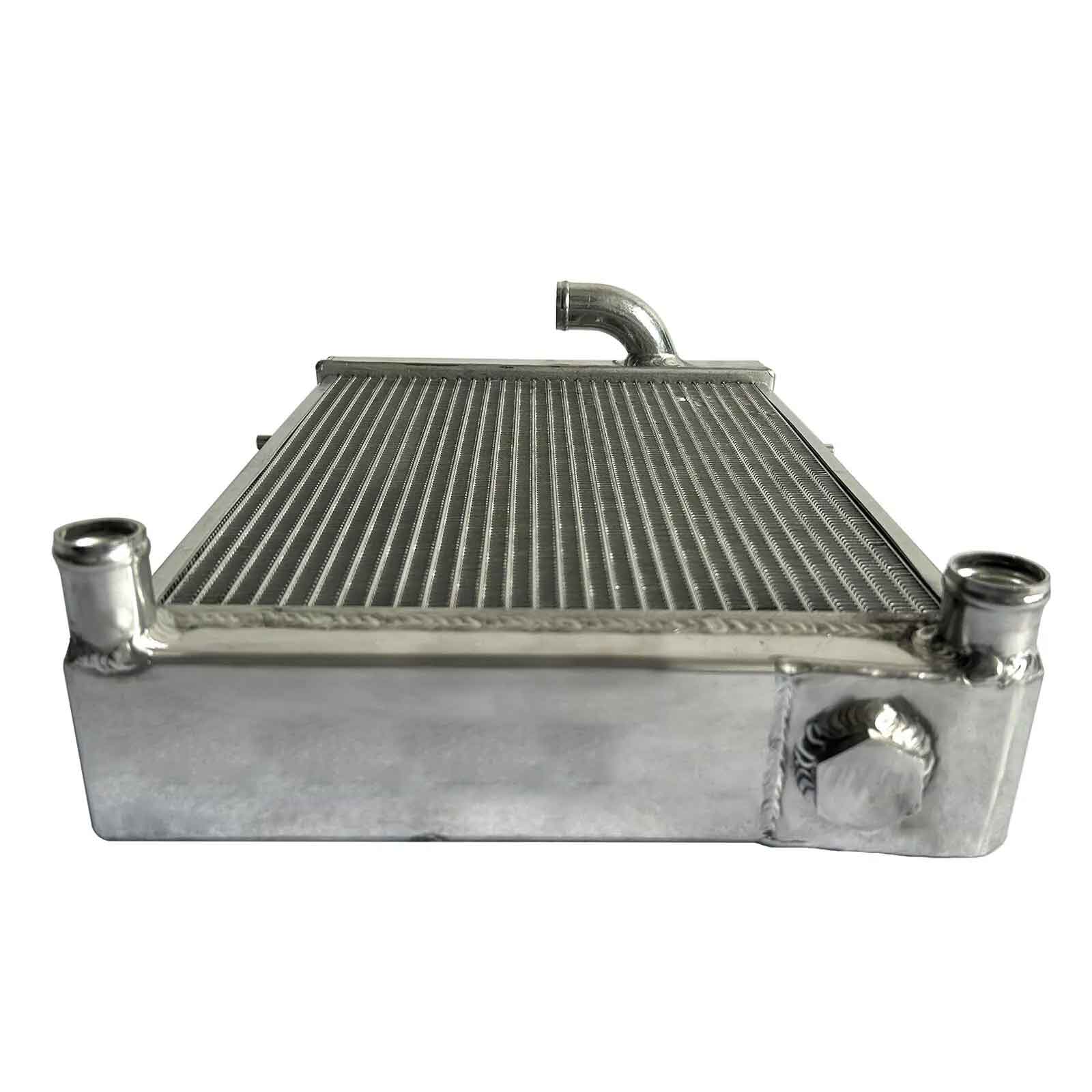 Detailed close-up view of the TIG-welded seams and high-density fins on the 4 Row Aluminum Radiator for a Triumph Spitfire 1.5L.