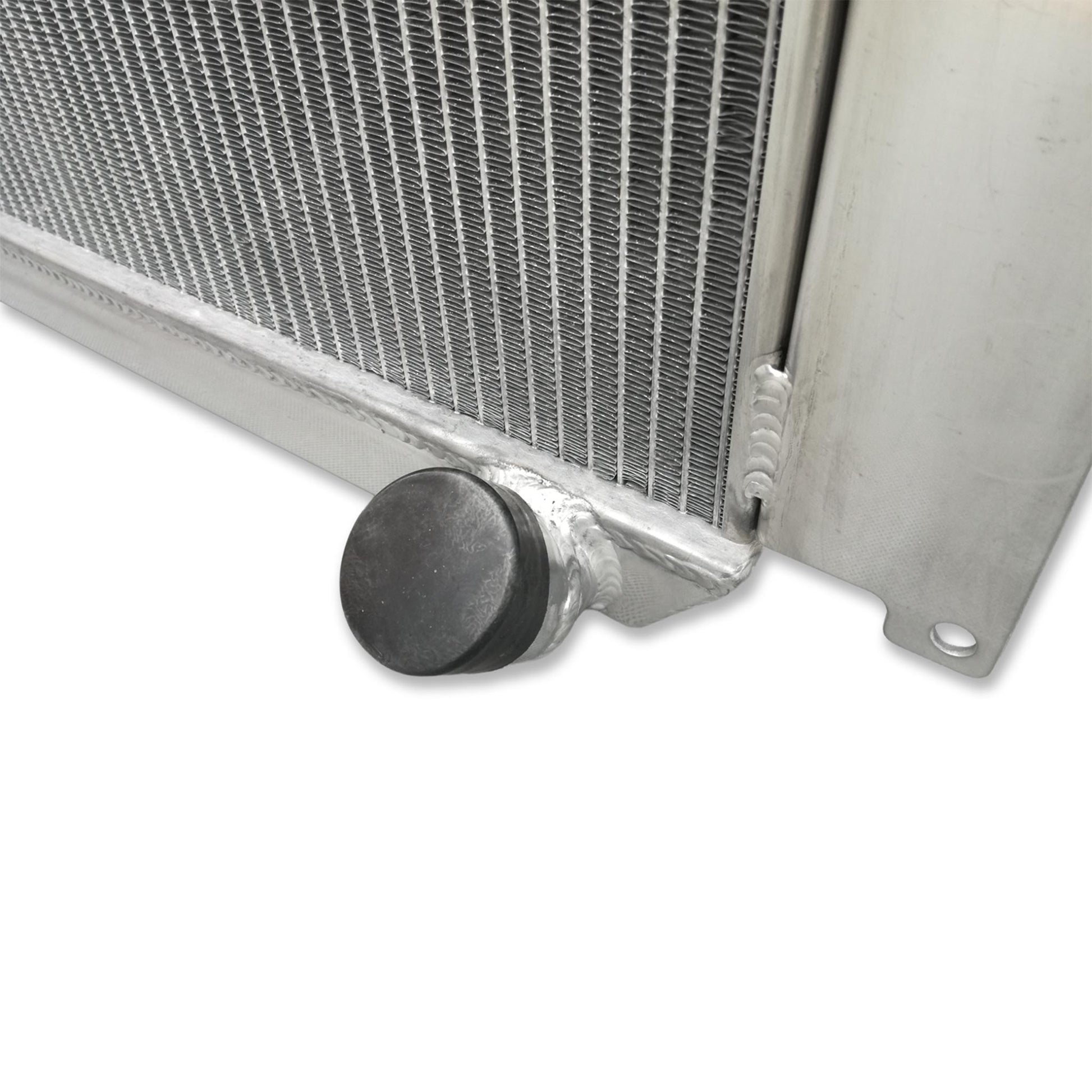 Right side of the 700HP-rated radiator for a 1959 Corvette, showing the robust TIG-welded tank construction.