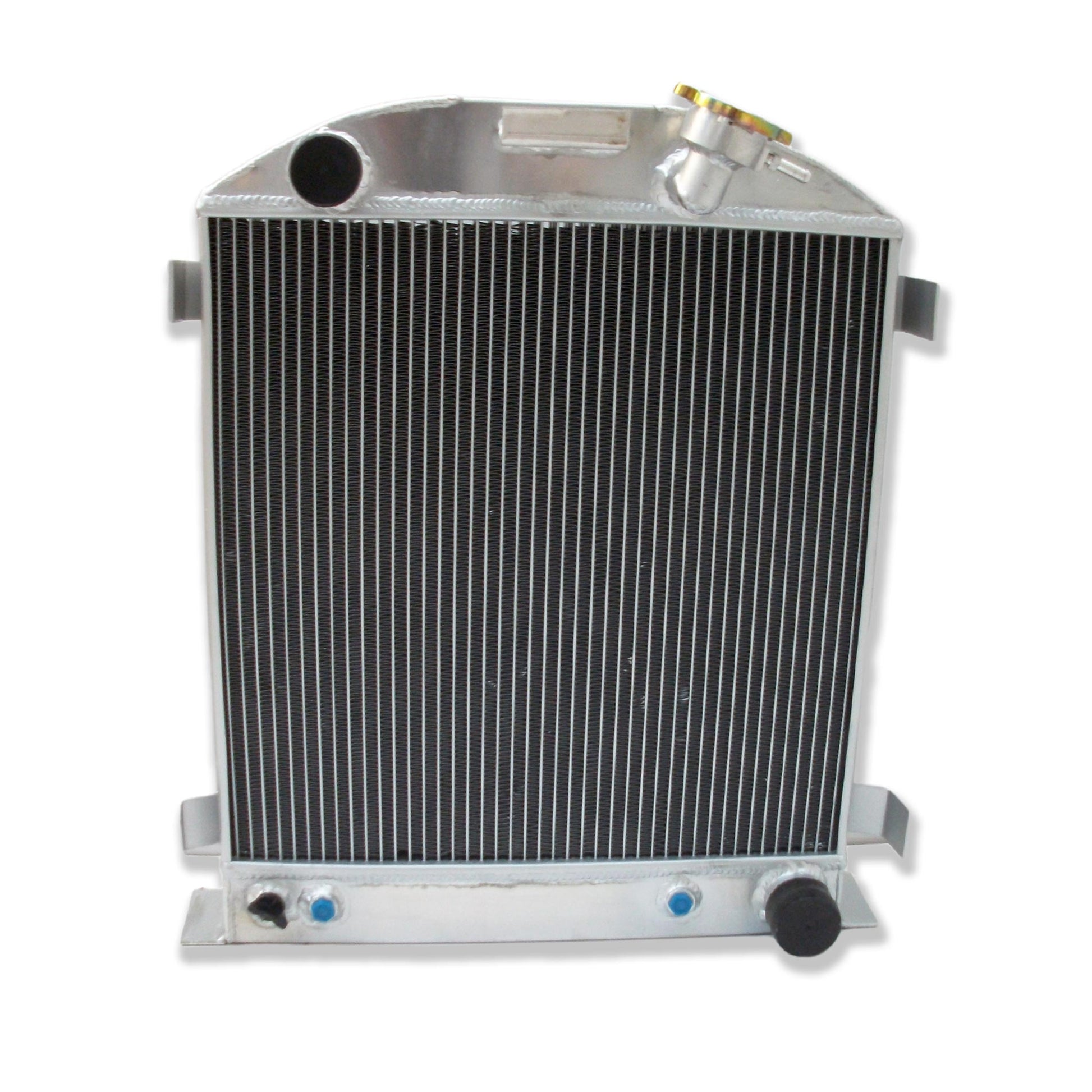 Detailed close-up of the TIG-welded aluminum and 3-row core for a 1932 Ford Chevy V8 swap radiator.