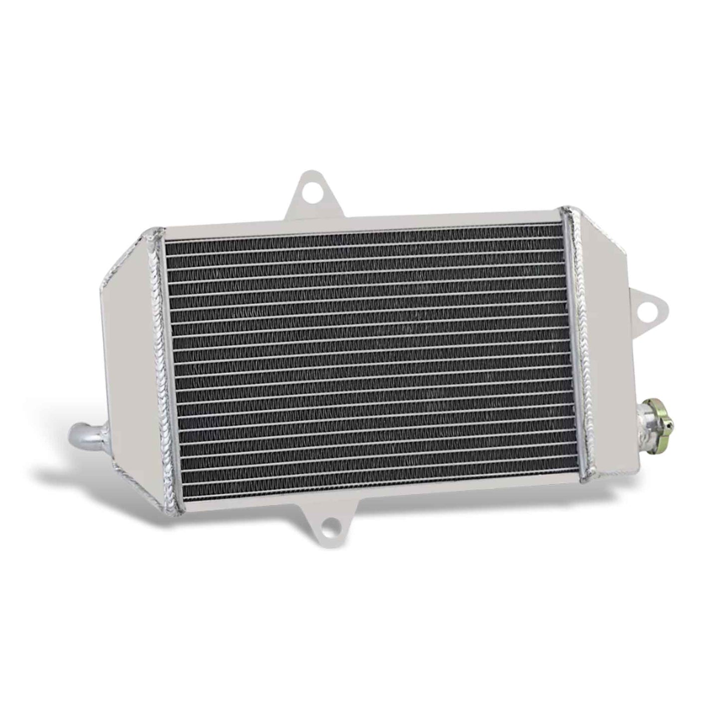 Back view of 3-row oversized aluminum radiator showing hose outlet fitment for Yamaha YFZ350 Banshee (1987–2006)