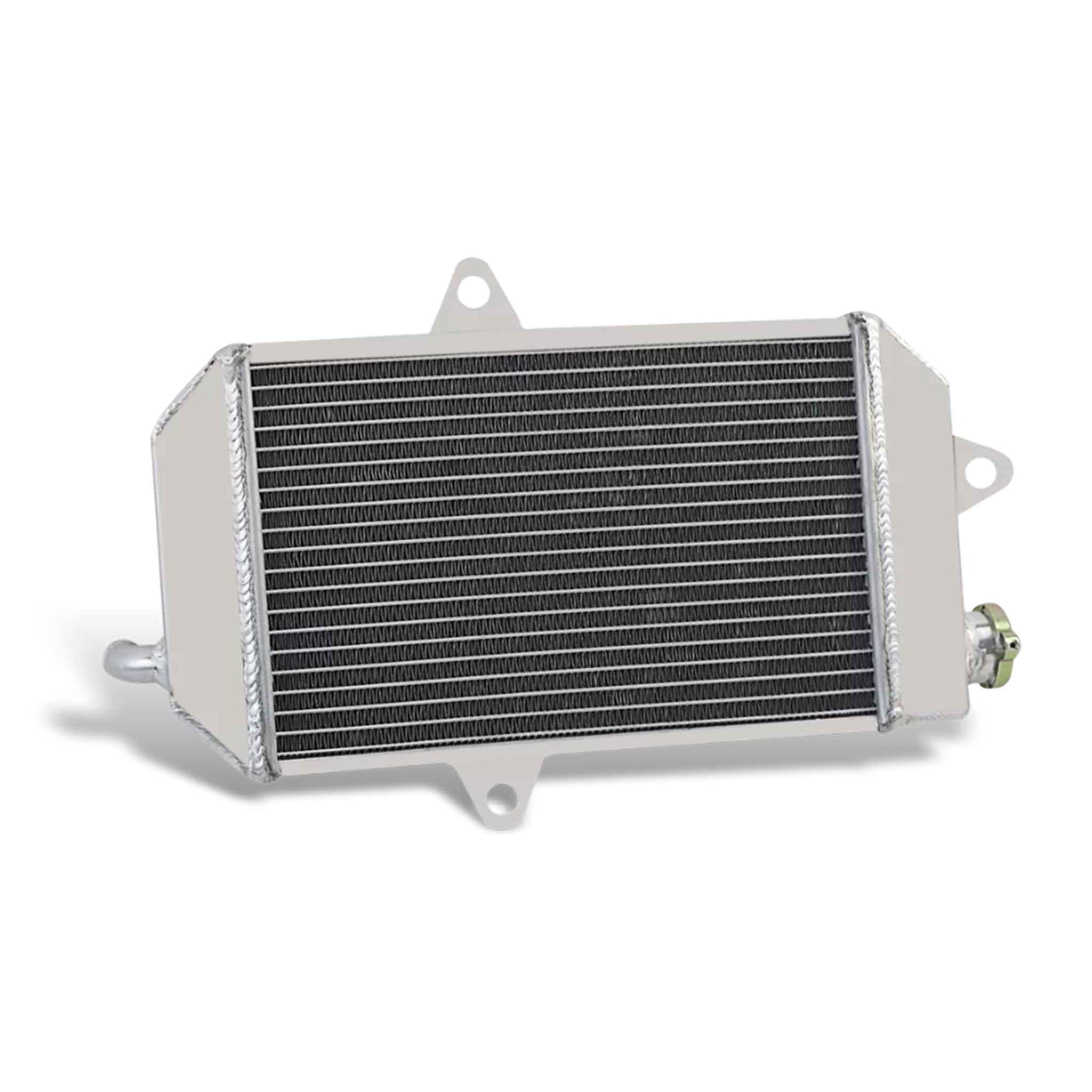 Back view of 3-row oversized aluminum radiator showing hose outlet fitment for Yamaha YFZ350 Banshee (1987–2006)