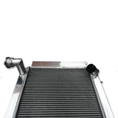 Detailed close-up of the furnace-brazed 5-row core and TIG welds on the 700HP radiator for a C1 Corvette.
