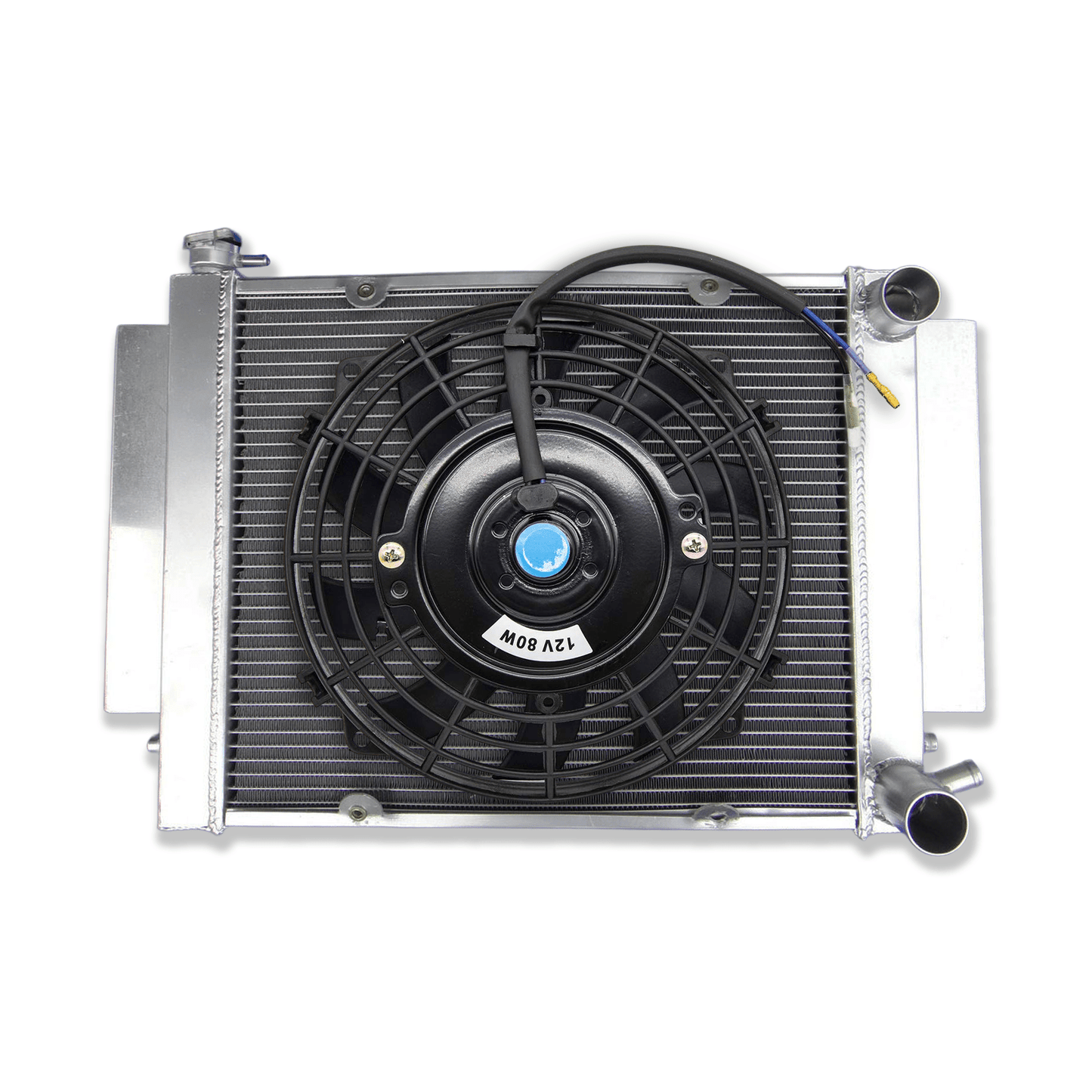 Complete aluminum radiator and fan shroud kit for Mazda RX2, RX3, RX4, including dual high-performance electric fans for maximum, consistent airflow and superior rotary engine cooling.
