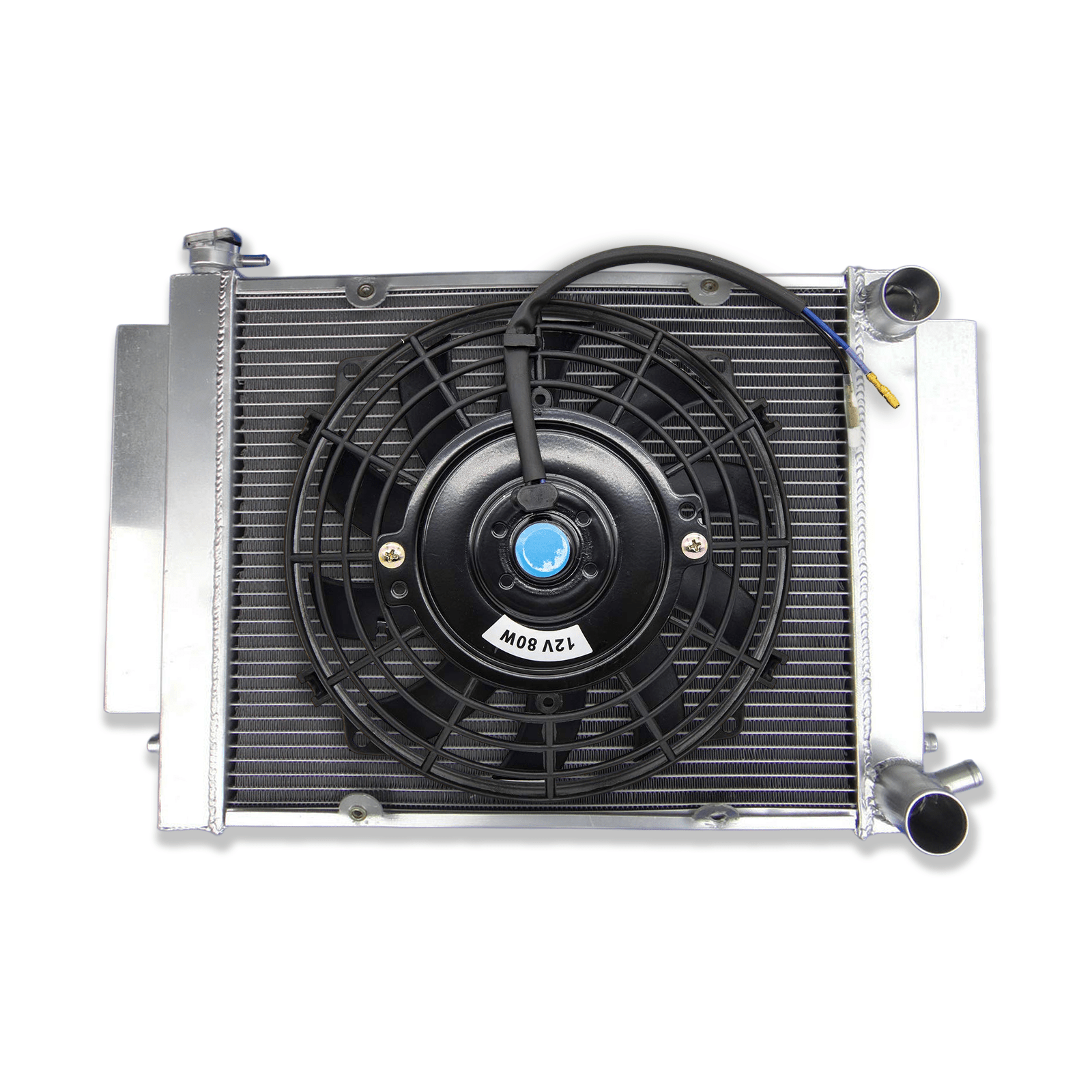 Complete aluminum radiator and fan shroud kit for Mazda RX2, RX3, RX4, including dual high-performance electric fans for maximum, consistent airflow and superior rotary engine cooling.