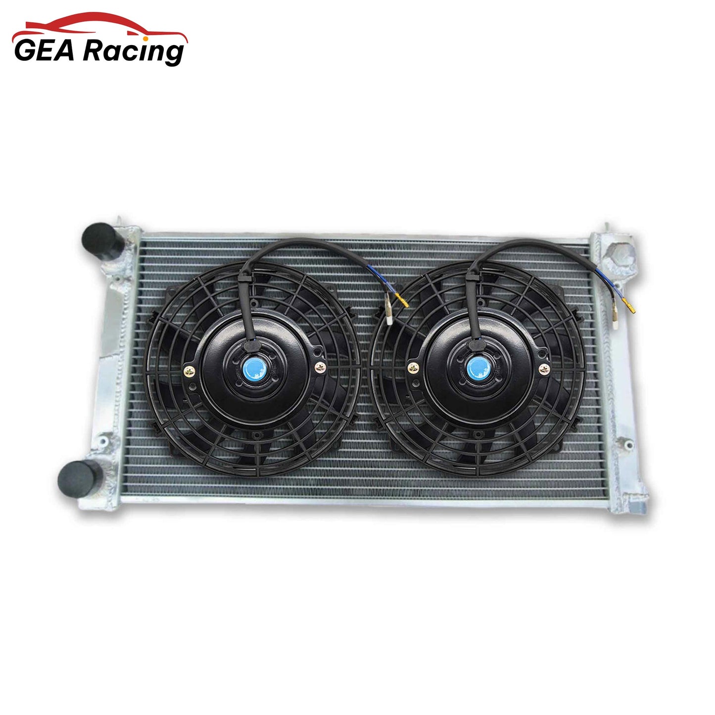 The complete aluminum radiator kit for VW Golf MK1/MK2 8V cars, including a custom-fit fan shroud and a high-performance slim electric fan.