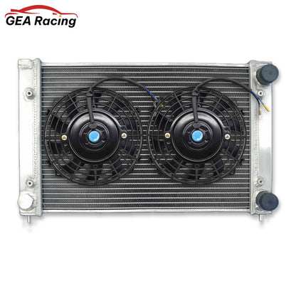 The complete aluminum radiator kit for VW MK2 16V cars, including a custom-fit fan shroud and high-performance slim electric fans.