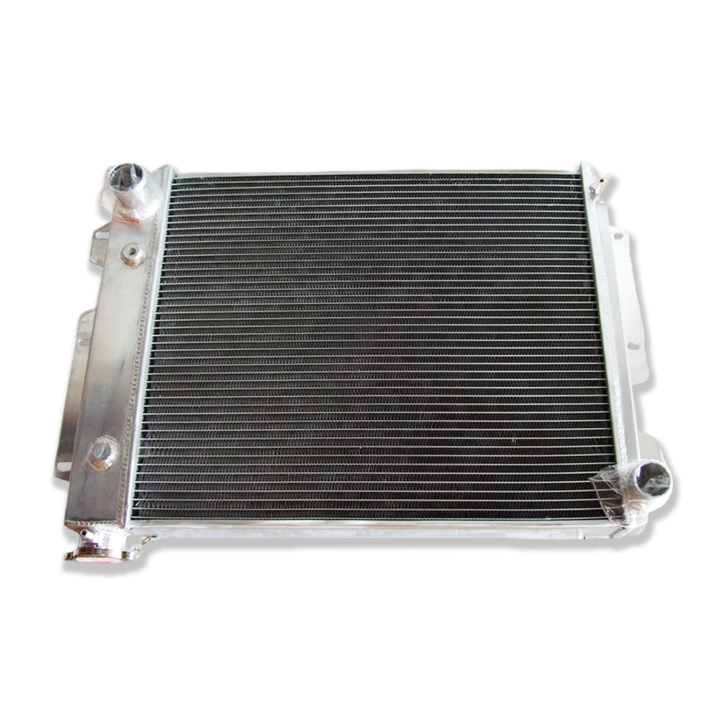 Top-down view of the radiator for a Jeep Wrangler with a Chevy V8 conversion, featuring the filler neck and AT cooler ports.