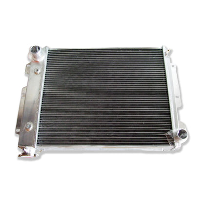 Top-down view of the radiator for a Jeep Wrangler with a Chevy V8 conversion, featuring the filler neck and AT cooler ports.
