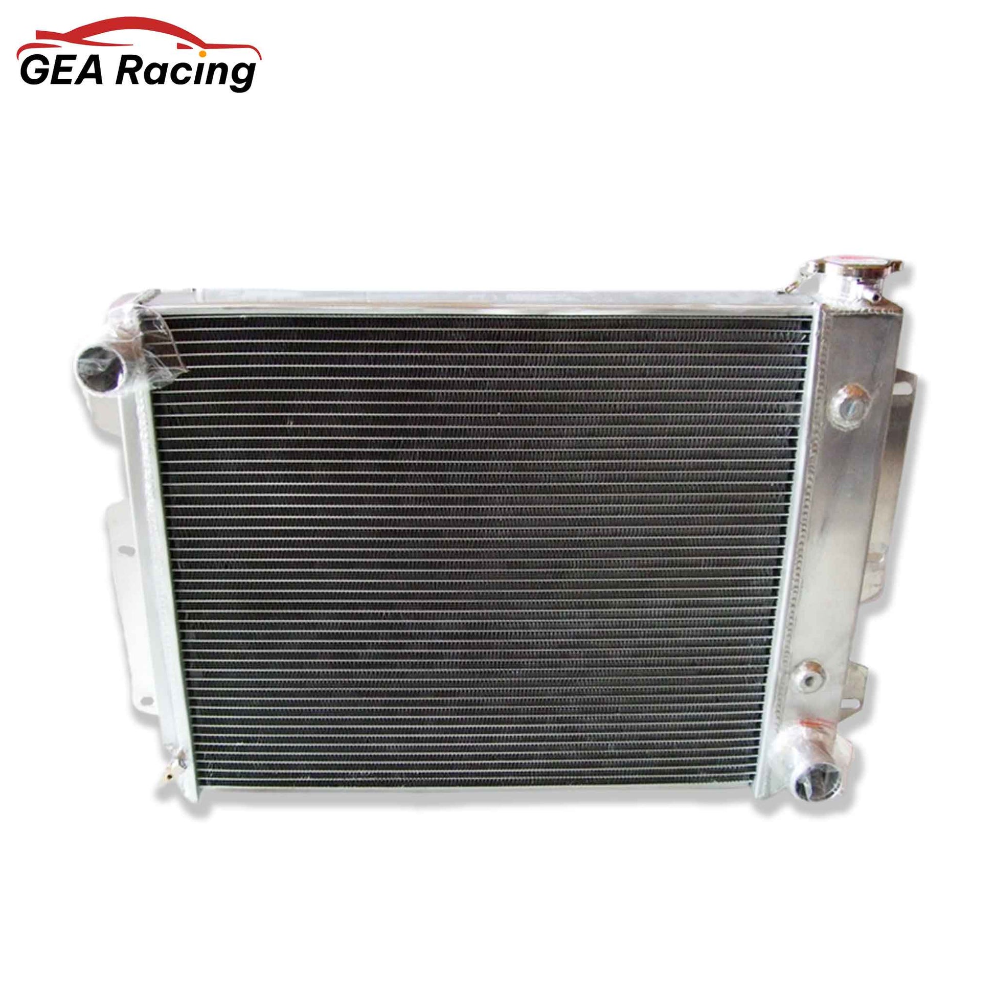 Front view of the aluminum radiator for a 1987-2006 Jeep Wrangler YJ or TJ with a Chevy V8 engine conversion.