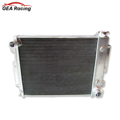 Front view of the aluminum radiator for a 1987-2006 Jeep Wrangler YJ or TJ with a Chevy V8 engine conversion.