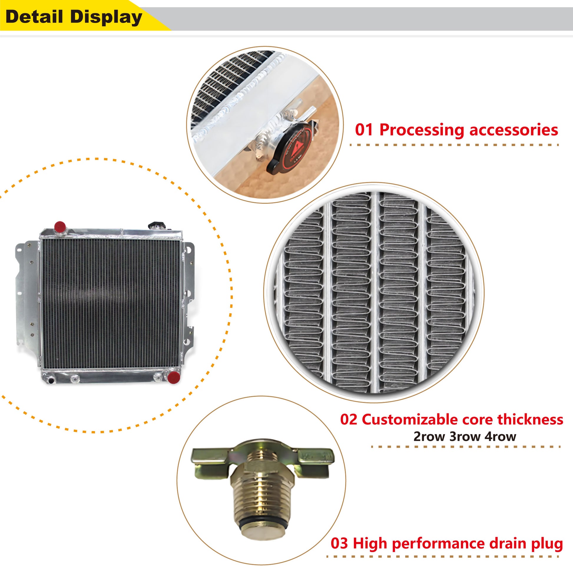 Aluminum Radiator detail view Wrangler with Chevy Mopar V8 Conversion (1987-2006) 3 Row Pressure Tested