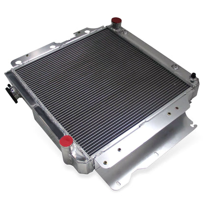 Aluminum Radiator top right view Wrangler with Chevy Mopar V8 Conversion (1987-2006) 3 Row OEM Mounts