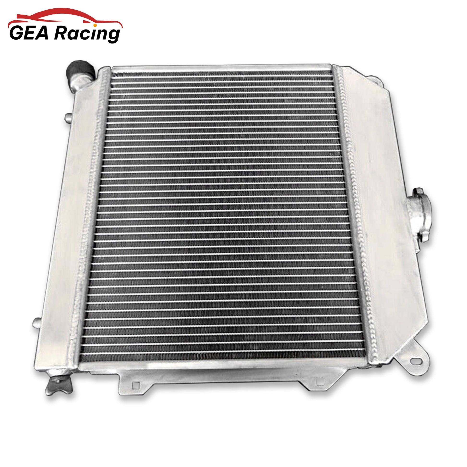 Right side view of the aluminum radiator for BMW E21 M10 engine, detailing the filler neck and cap.