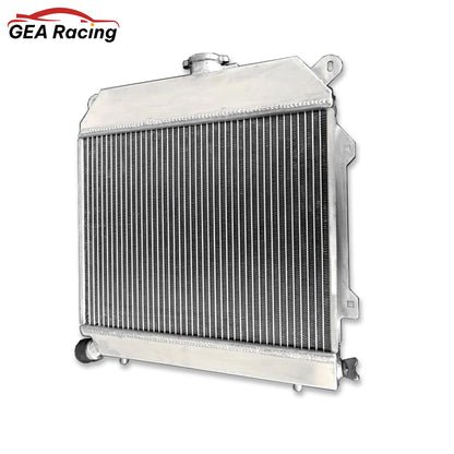 Left side profile of the performance aluminum radiator for BMW E21 3 Series, highlighting the core thickness.