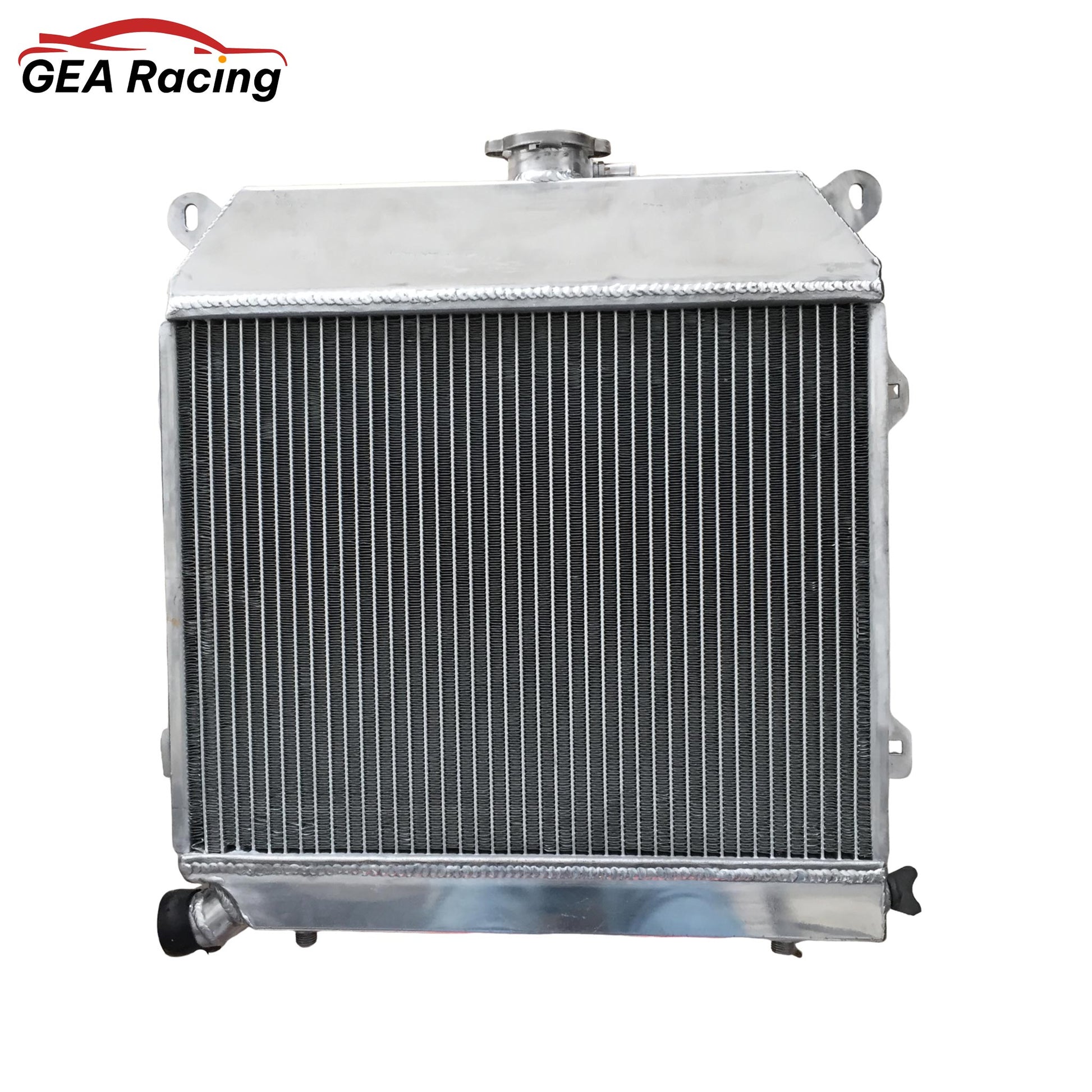 Rear view of the 3-row aluminum radiator for 1977-1983 BMW 320i, showing coolant inlet/outlet and mounting points.