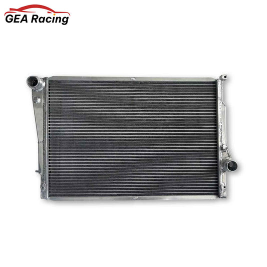 Front view of a high-performance 3-row full aluminum radiator for a 2001-2006 BMW E46 M3 (Coupe & Convertible) with 3.2L S54 engine, for Manual Transmission (MT) only.