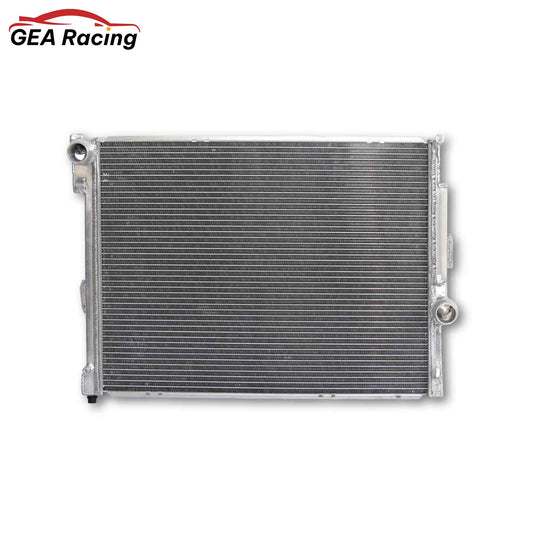 Front view of a 2-row full aluminum radiator for a 1999-2009 BMW 3 Series (320i, 323i, 325i, 328Ci, 330Ci) & Z4 with L6 engine, for Manual Transmission (MT) only.