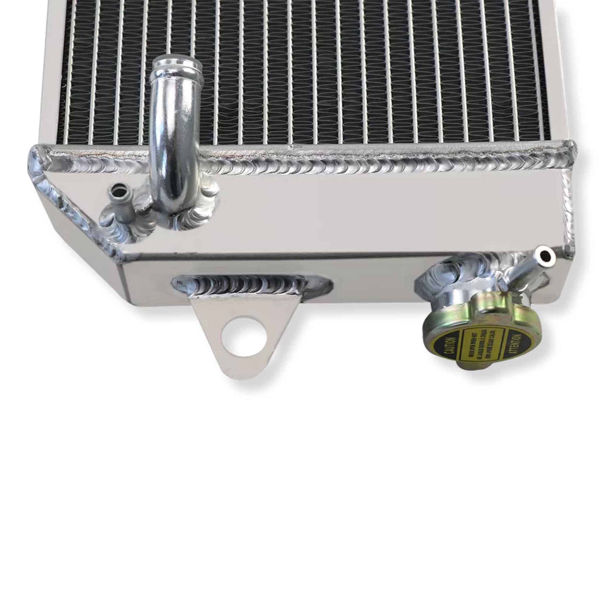 Close-up of high-density 3-row core and precision TIG welds on YFZ350 Banshee aluminum radiator (1987–2006 model)